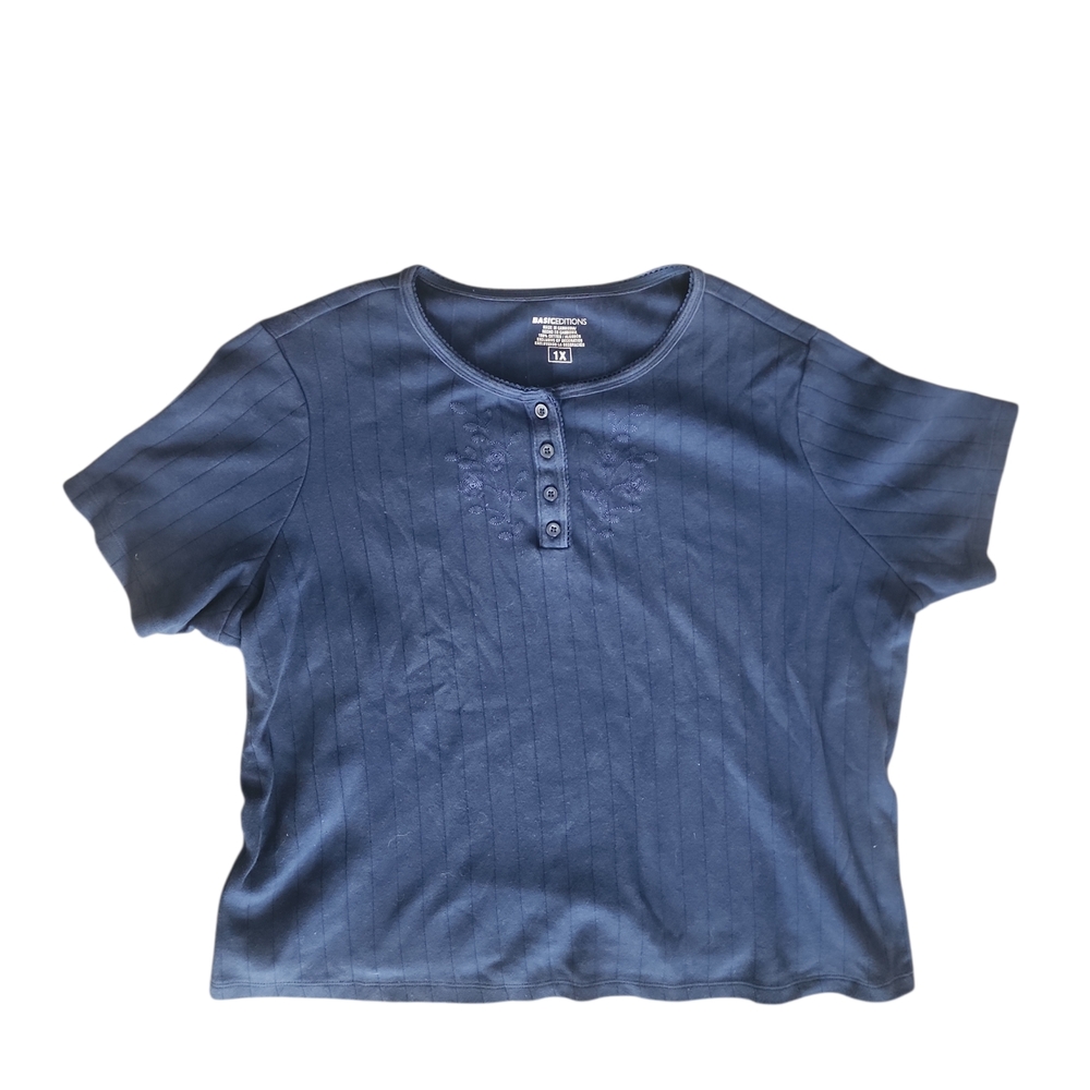 Basic Editions Ribbed Womens 1x Navy Blue Embroidered Short Sleeve Top